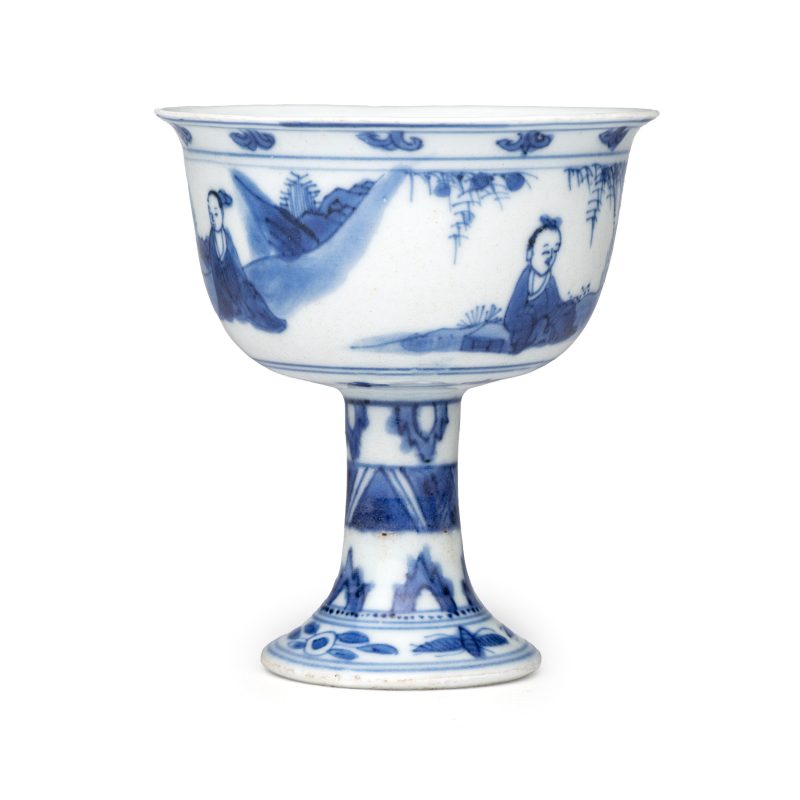 A Chinese blue and white 'Scholars' stem cup - 图3