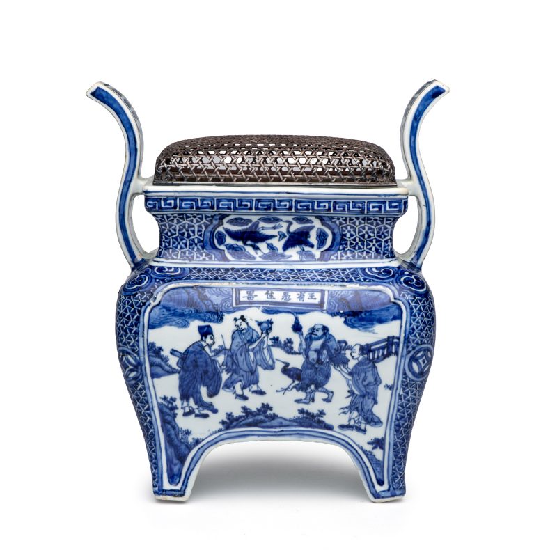 A Chinese inscribed blue and white two-handled 'Immortals' censer - 图2