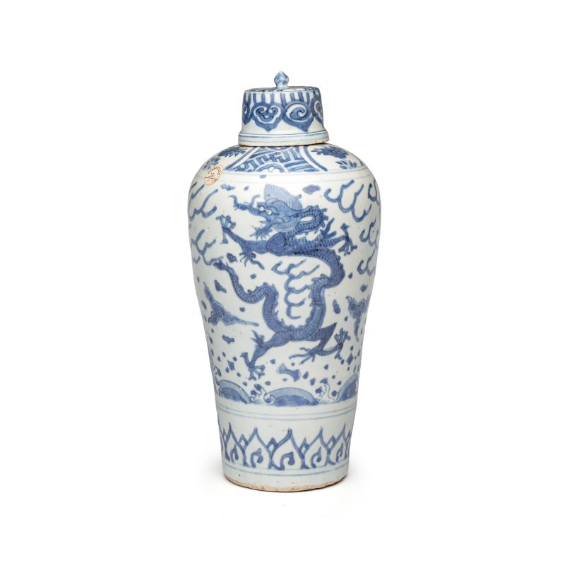 A Chinese blue and white 'Dragons Chasing the Flaming Pearl' meiping vase with original cover