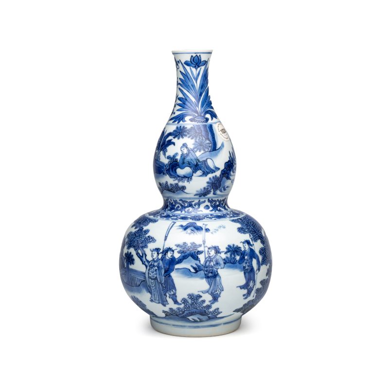 文王訪賢 | A Chinese blue and white 'Wen Wang Fang Xian 文王訪賢' double-gourd vase - 图1
