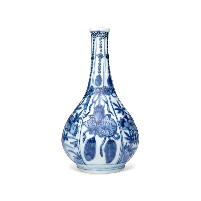 A Chinese blue and white 'Auspicious Emblems and Peonies' pear-shaped vase
