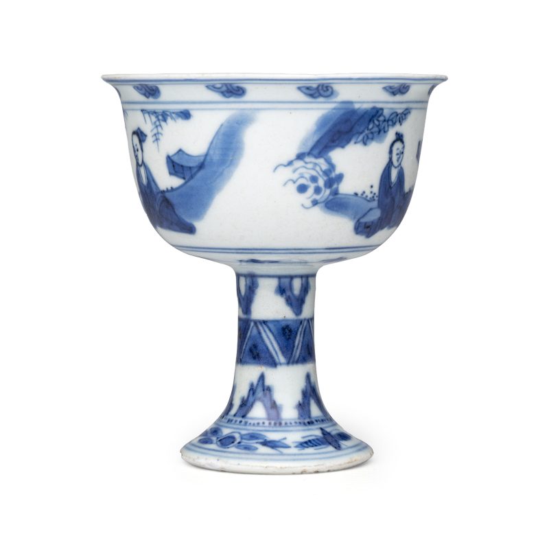 A Chinese blue and white 'Scholars' stem cup - 图5