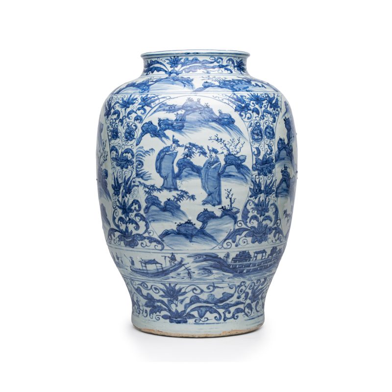 An exceptional pair of large Chinese blue and white 'Dignitaries and Warriors' vases - 图9