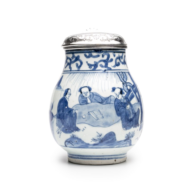 A Chinese blue and white silver-mounted 'Scholars' tankard - 图5