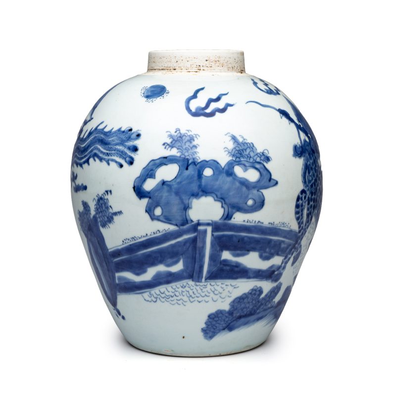 A Chinese blue and white 'Qilin, Phoenix and Magpie' jar - 图4