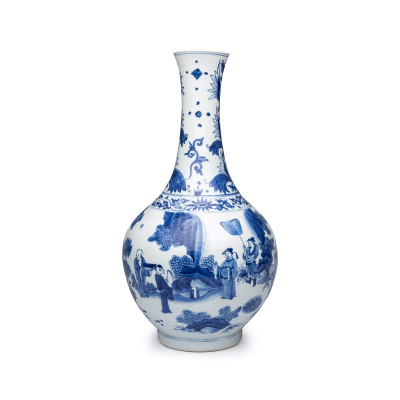 郊遊点化 | A Chinese blue and white 'Jiao You Dian Hua 郊遊点化' bottle vase - 图4