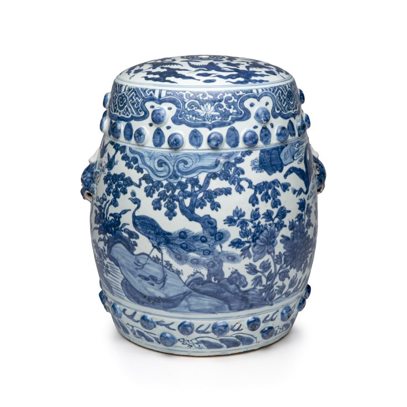 A Chinese blue and white 'Peacocks and Cranes' garden stool
