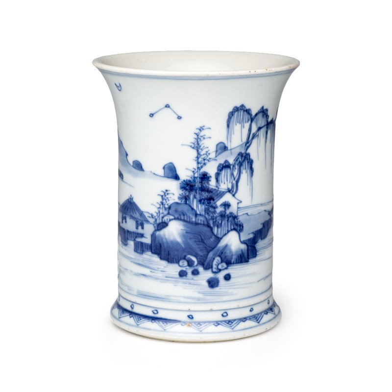 A Chinese blue and white 'Landscape' brushpot (Bitong) - 图1