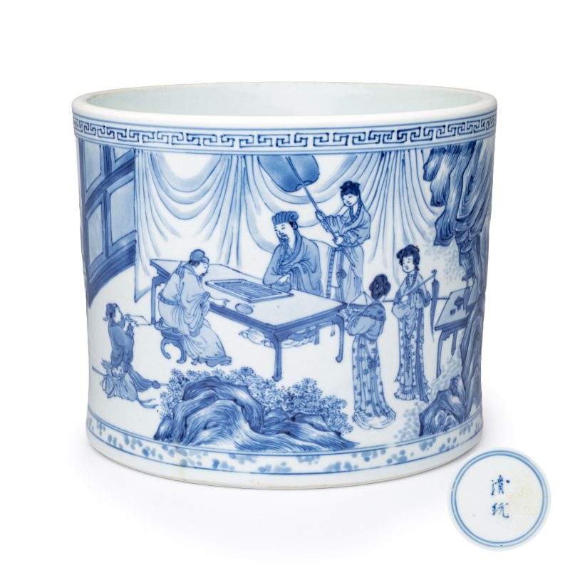 A rare and fine Chinese blue and white 'Xie An at the Battle of the Fei River' brushpot (Bitong) - 图1