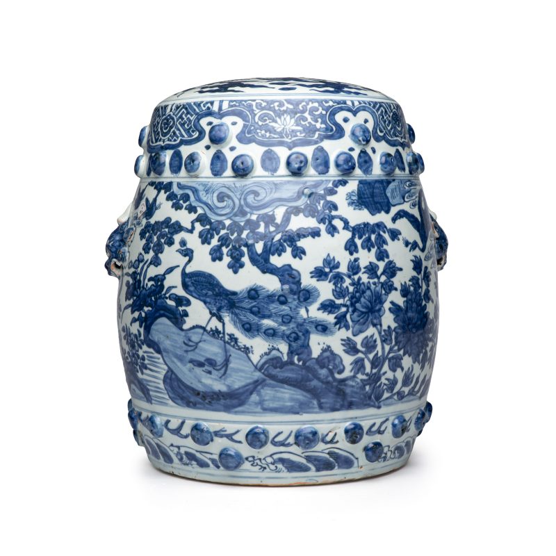 A Chinese blue and white 'Peacocks and Cranes' garden stool - 图2
