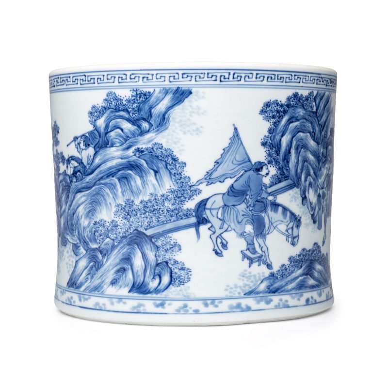 A rare and fine Chinese blue and white 'Xie An at the Battle of the Fei River' brushpot (Bitong) - 图2