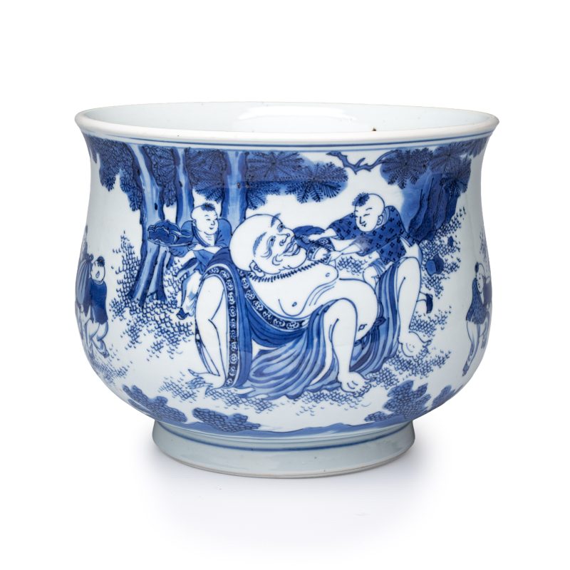 六子戲彌勒 | An extremely rare and fine Chinese blue and white 'Liu Zi Xi Mi Le 六子戲彌勒' censer - 图1
