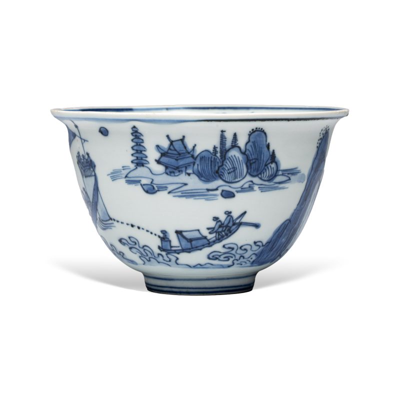 A Chinese blue and white 'Ship Before a City Gate' bowl - 图2