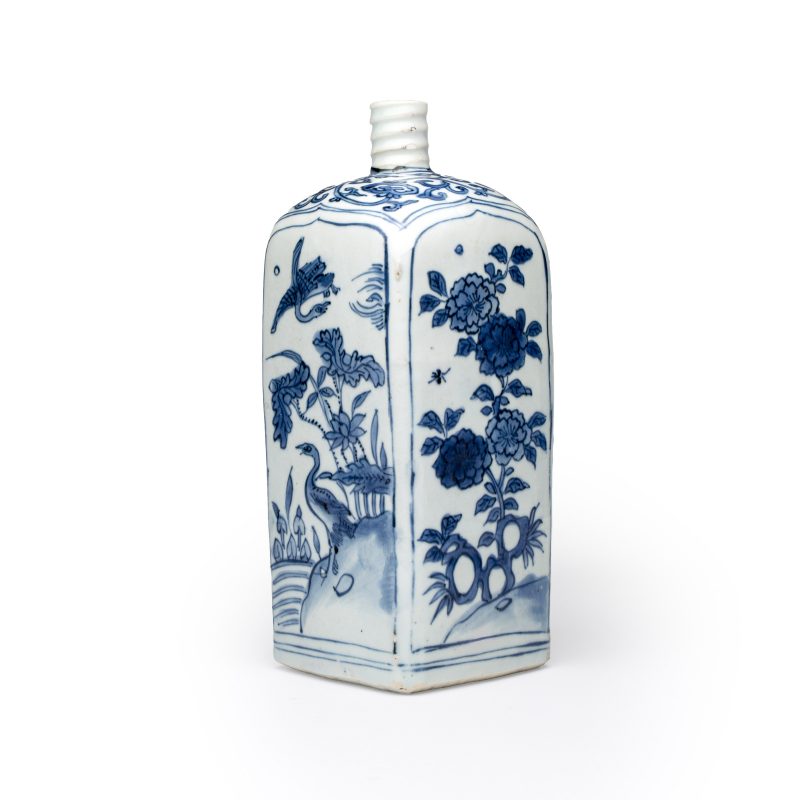 A Chinese blue and white 'Geese and Flowers' square flask