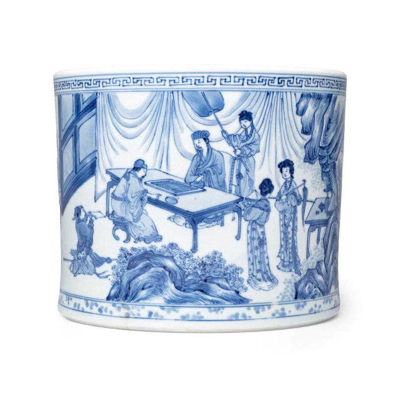 A rare and fine Chinese blue and white 'Xie An at the Battle of the Fei River' brushpot (Bitong) - 图3
