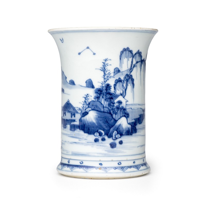 A Chinese blue and white 'Landscape' brushpot (Bitong) - 图2