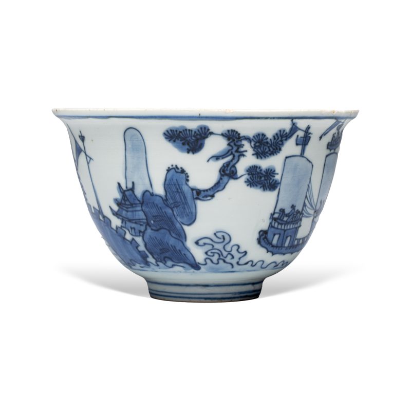 A Chinese blue and white 'Ship Before a City Gate' bowl - 图3