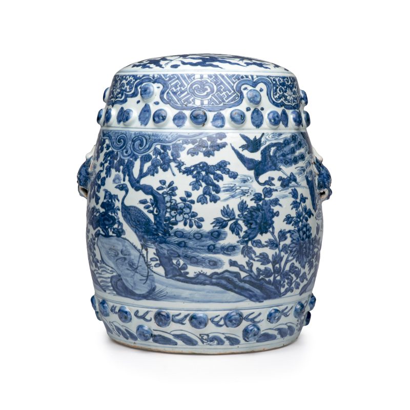 A Chinese blue and white 'Peacocks and Cranes' garden stool - 图4