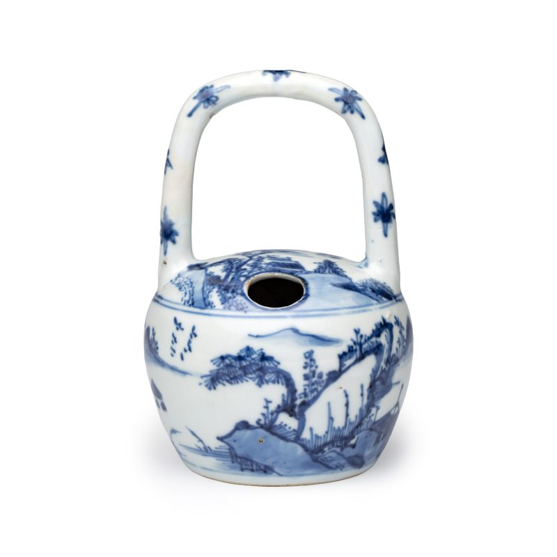 A rare Chinese blue and white 'Mountainous Riverscape' lime pot - 图1