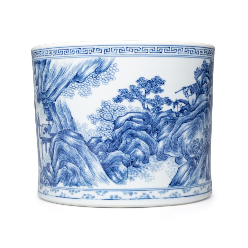 A rare and fine Chinese blue and white 'Xie An at the Battle of the Fei River' brushpot (Bitong) - 图4