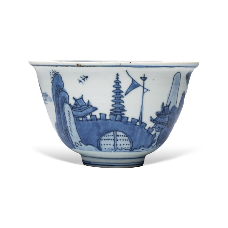 A Chinese blue and white 'Ship Before a City Gate' bowl - 图4