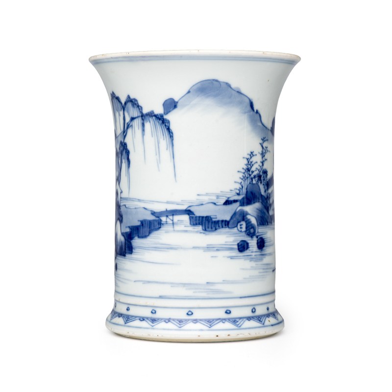 A Chinese blue and white 'Landscape' brushpot (Bitong) - 图3