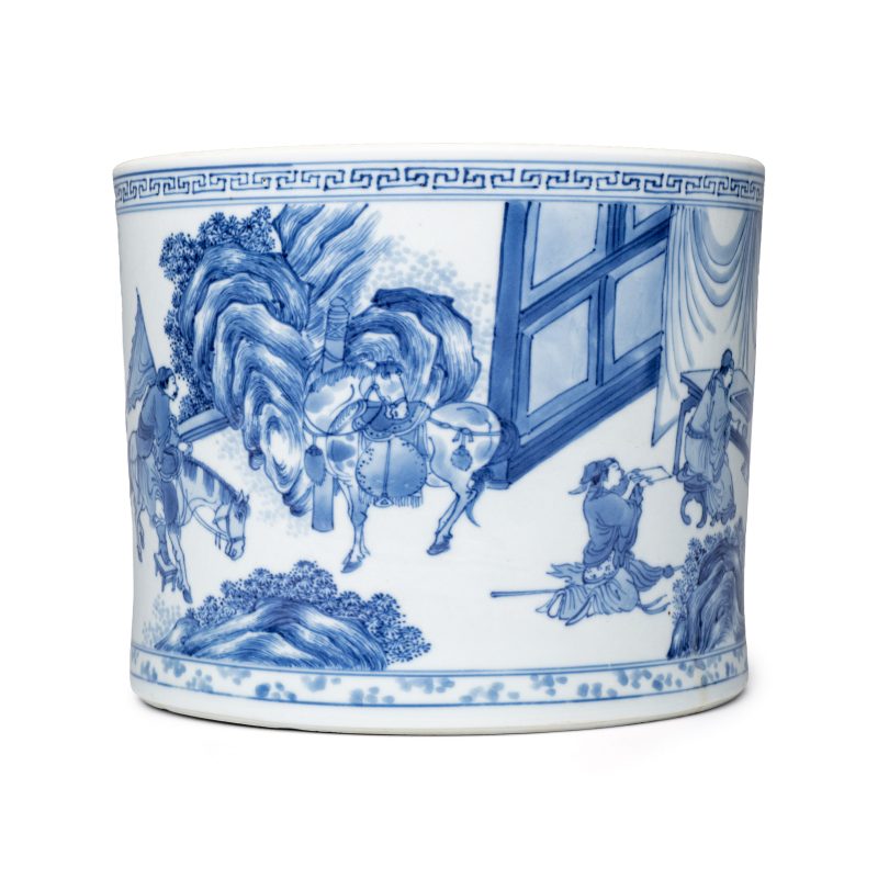 A rare and fine Chinese blue and white 'Xie An at the Battle of the Fei River' brushpot (Bitong) - 图5