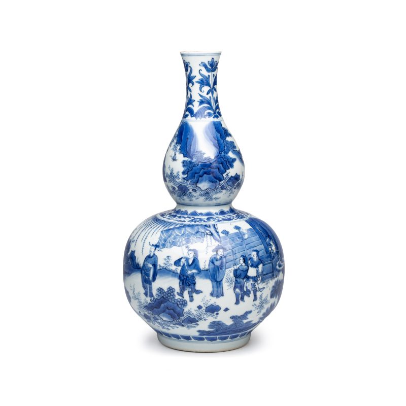 加官進爵 | A Chinese blue and white 'Jia Guan Jin Jue 加官進爵' double-gourd vase - 图1