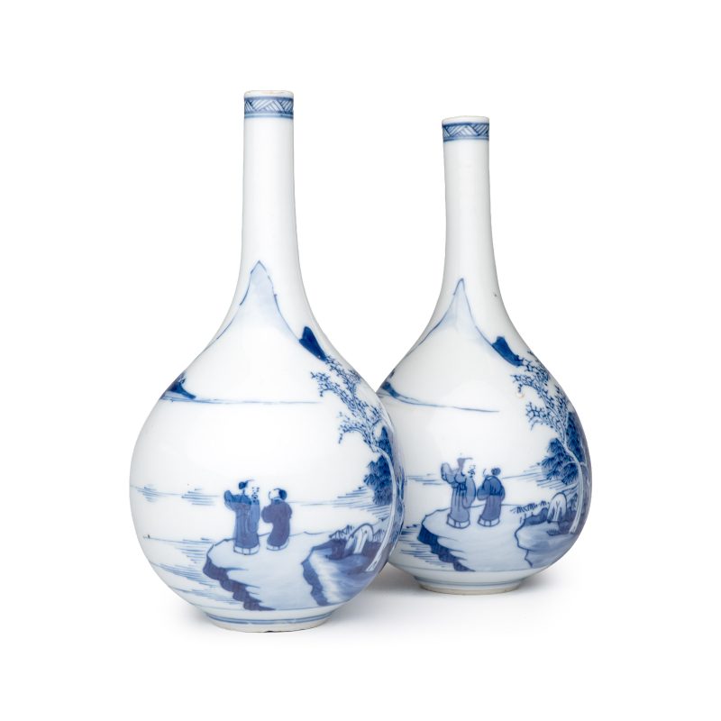 A pair of Chinese blue and white 'Scholars in a River Landscape' bottle vases - 图1