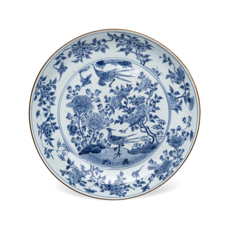 A Chinese blue and white 'Birds among Blossoms' dish