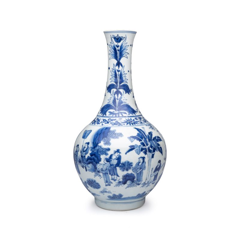 郊遊点化 | A Chinese blue and white 'Jiao You Dian Hua 郊遊点化' bottle vase - 图1