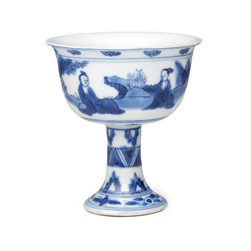 A Chinese blue and white 'Scholars' stem cup - 图1