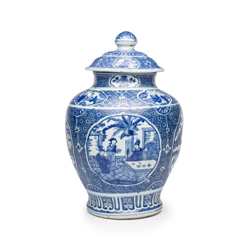 A fine Chinese blue and white vase and cover with narrative design