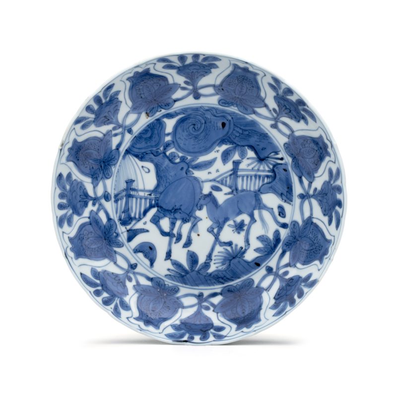 A Chinese blue and white 'Horses' plate