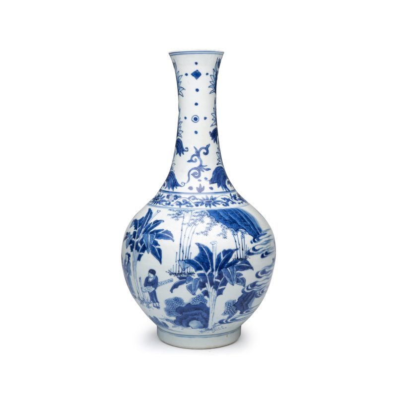 郊遊点化 | A Chinese blue and white 'Jiao You Dian Hua 郊遊点化' bottle vase - 图2