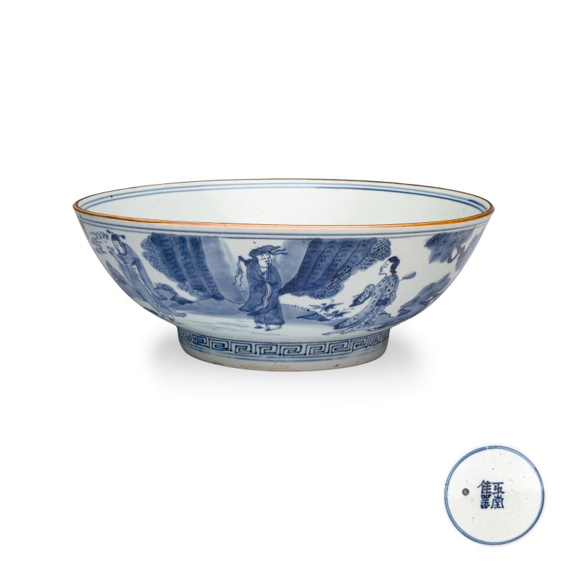 八仙祝壽 | A large Chinese blue and white 'Ba Xian Zhu Shou 八仙祝壽' bowl