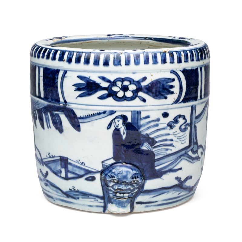 A Chinese blue and white 'Scholars' cylindrical tripod censer - 图1