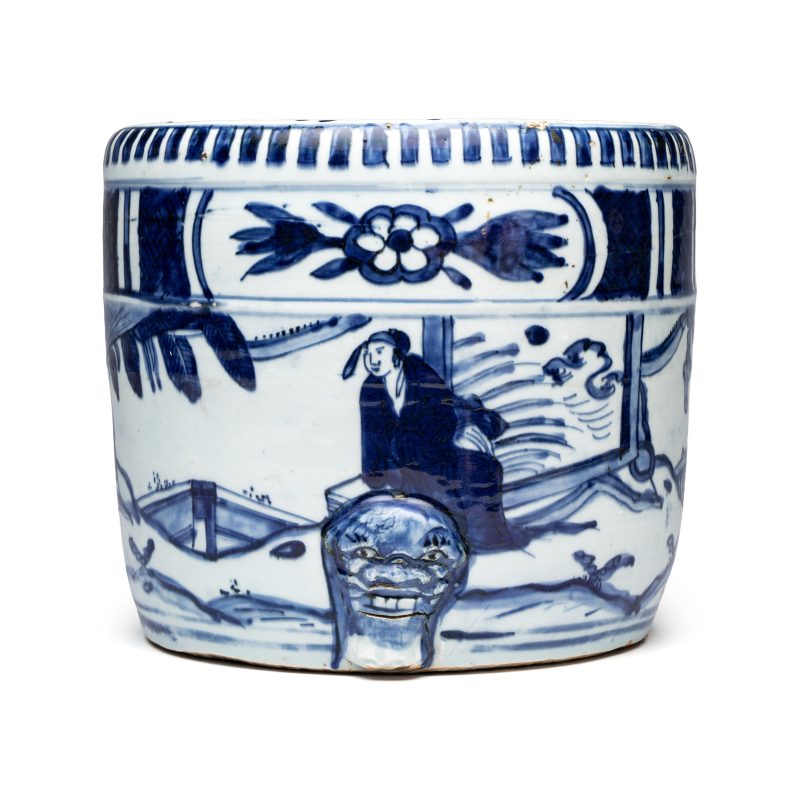 A Chinese blue and white 'Scholars' cylindrical tripod censer - 图2
