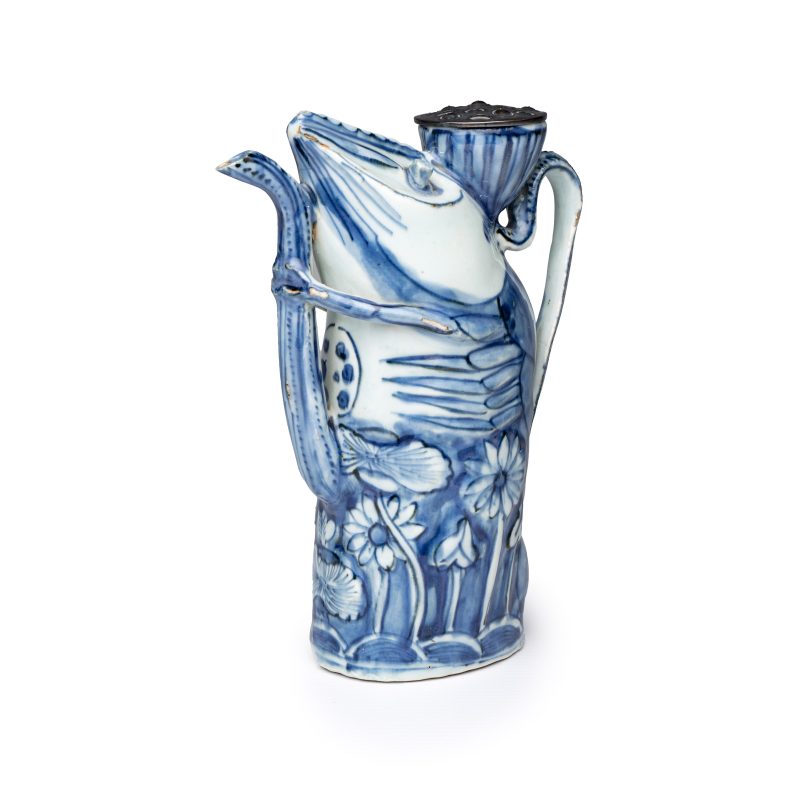 A rare Chinese blue and white 'Crayfish' ewer with silver cover