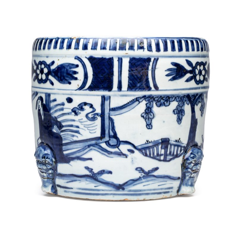 A Chinese blue and white 'Scholars' cylindrical tripod censer - 图3
