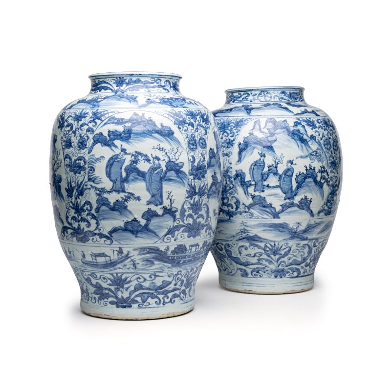 An exceptional pair of large Chinese blue and white 'Dignitaries and Warriors' vases