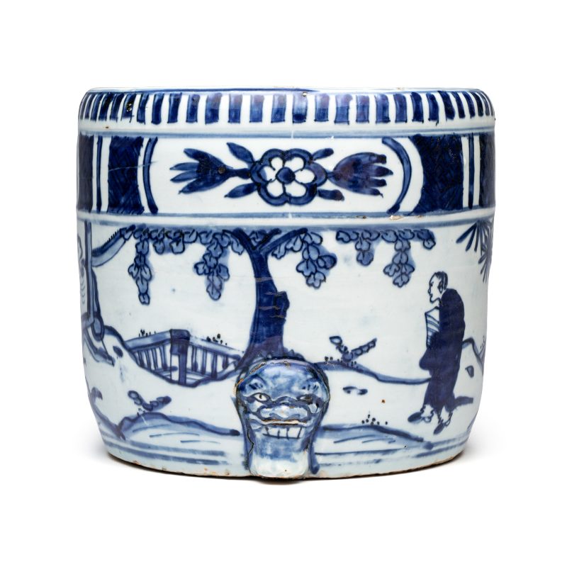 A Chinese blue and white 'Scholars' cylindrical tripod censer - 图5