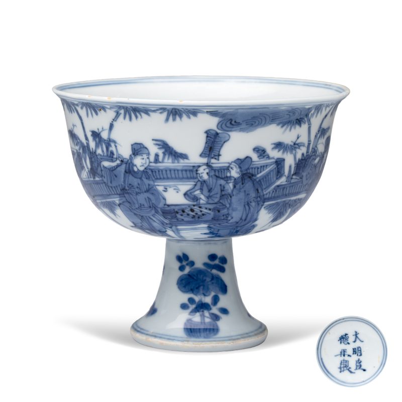 竹林七賢 | A rare Chinese blue and white 'Zhu Lin Qi Xian 竹林七賢' stem cup - 图1
