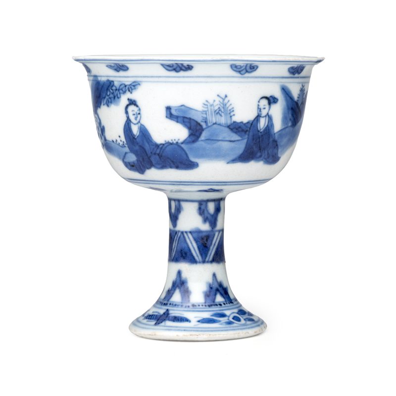 A Chinese blue and white 'Scholars' stem cup - 图2