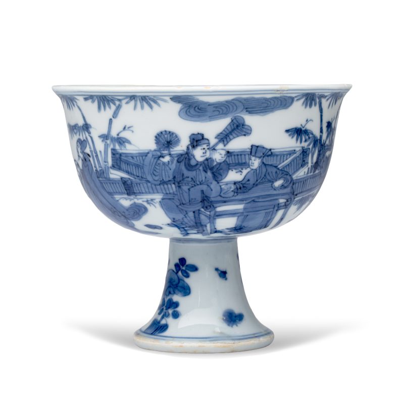 竹林七賢 | A rare Chinese blue and white 'Zhu Lin Qi Xian 竹林七賢' stem cup - 图2