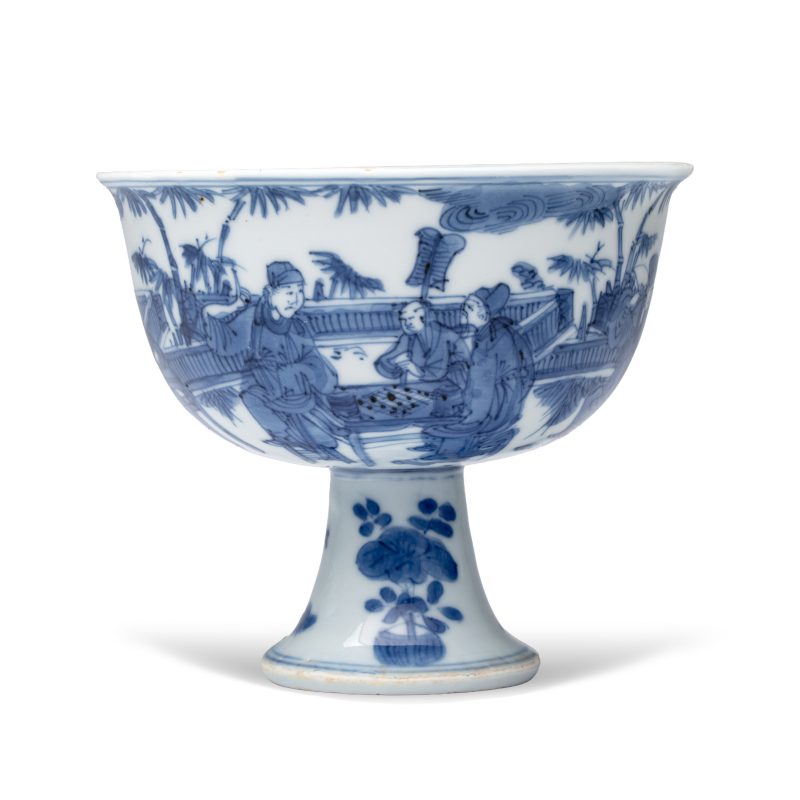 竹林七賢 | A rare Chinese blue and white 'Zhu Lin Qi Xian 竹林七賢' stem cup - 图3
