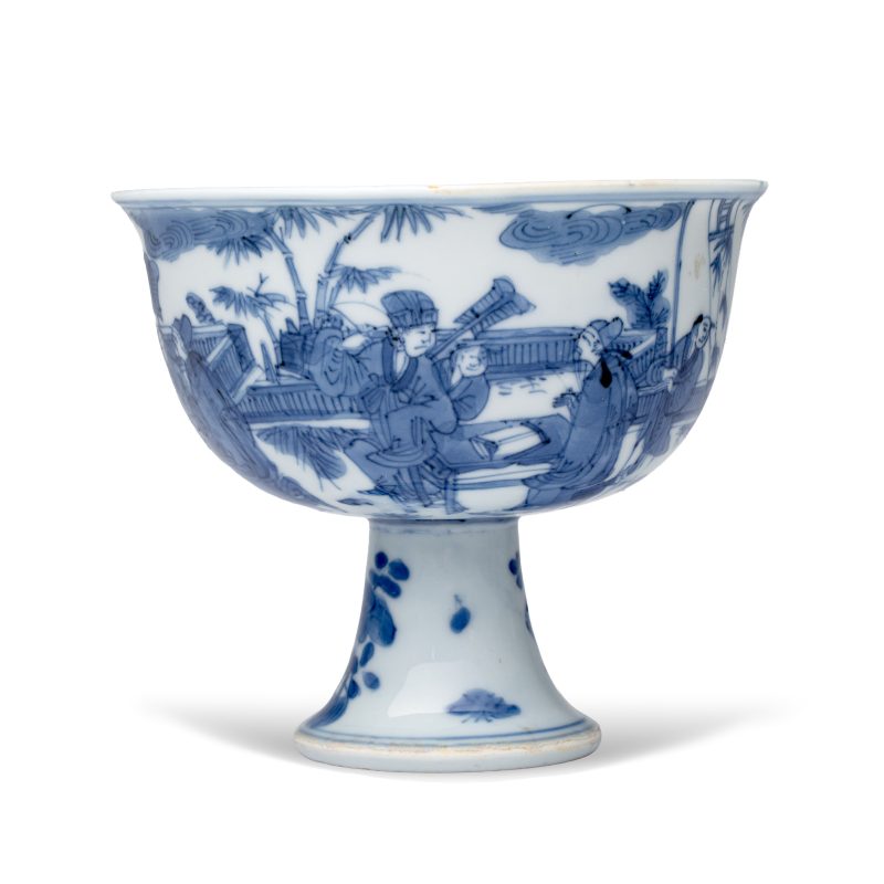 竹林七賢 | A rare Chinese blue and white 'Zhu Lin Qi Xian 竹林七賢' stem cup - 图4