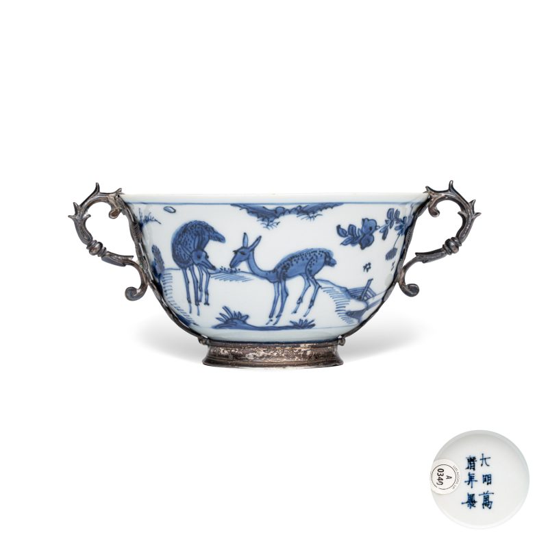 A Chinese blue and white silver-mounted 'Monkeys and Deer' bowl