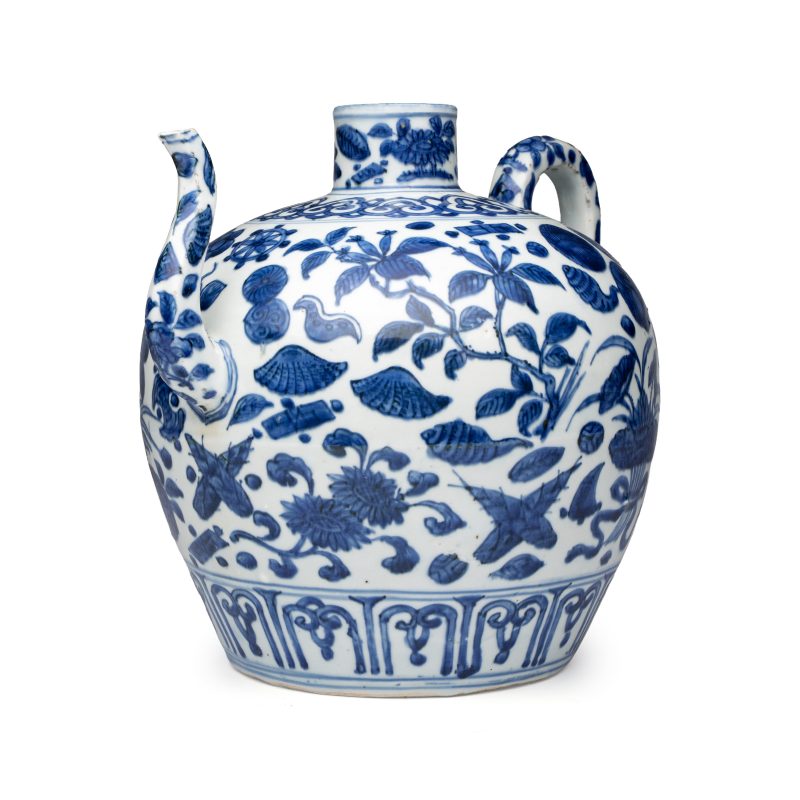 A Chinese blue and white 'Flowers and Auspicious Emblems' ewer