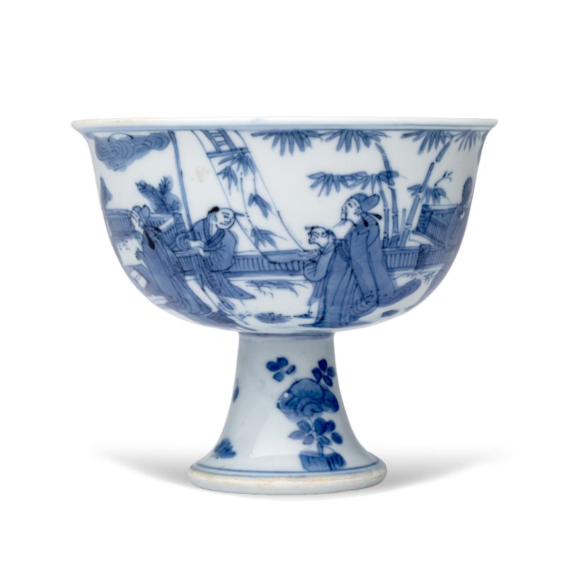 竹林七賢 | A rare Chinese blue and white 'Zhu Lin Qi Xian 竹林七賢' stem cup - 图5